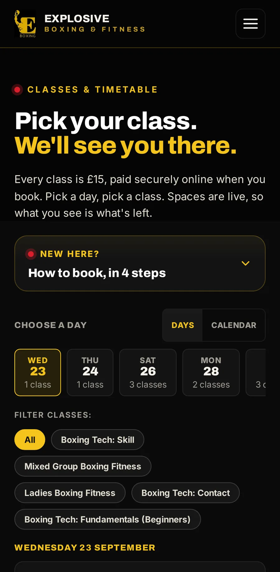 Booking on Explosive Boxing’s site on a phone: Pick your class. Every class is £15, paid securely online, with a four-step guide, a choice of day and class filters.