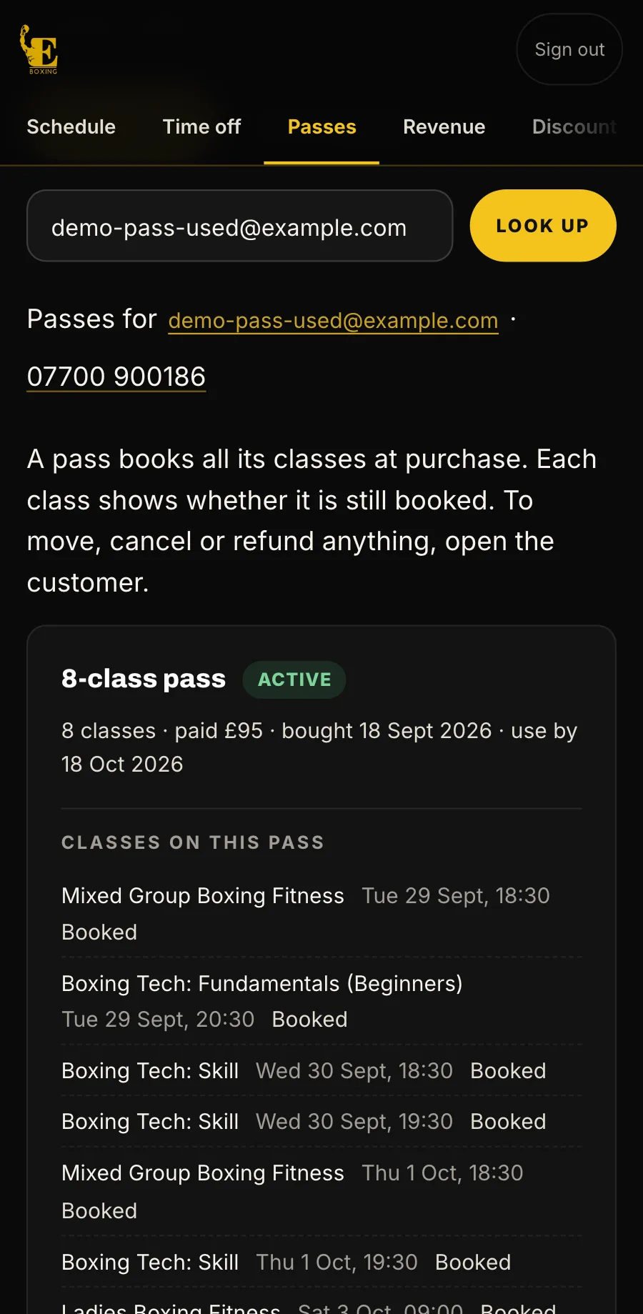 Sample data, the staff console on a phone: a customer’s pass.
