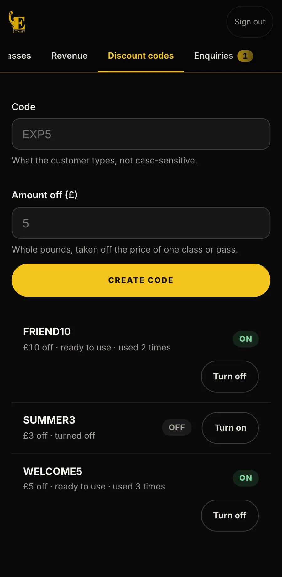Sample data, the staff console on a phone: discount codes.