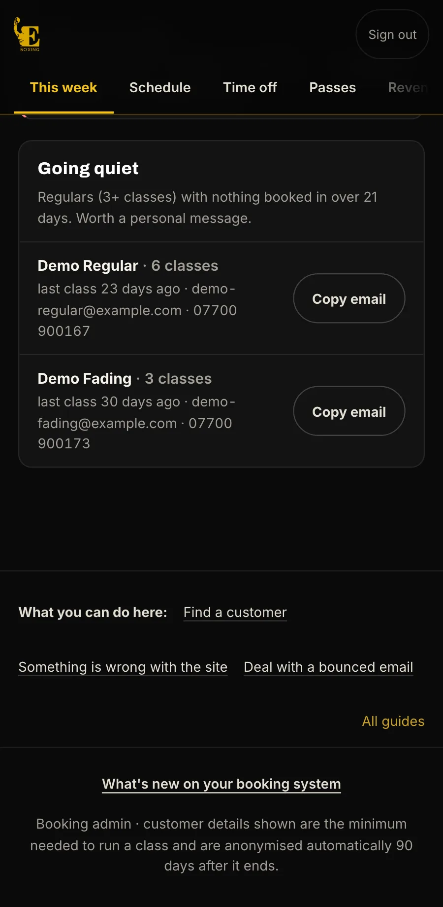 Sample data, the staff console on a phone: Going quiet, two regulars with Copy email.