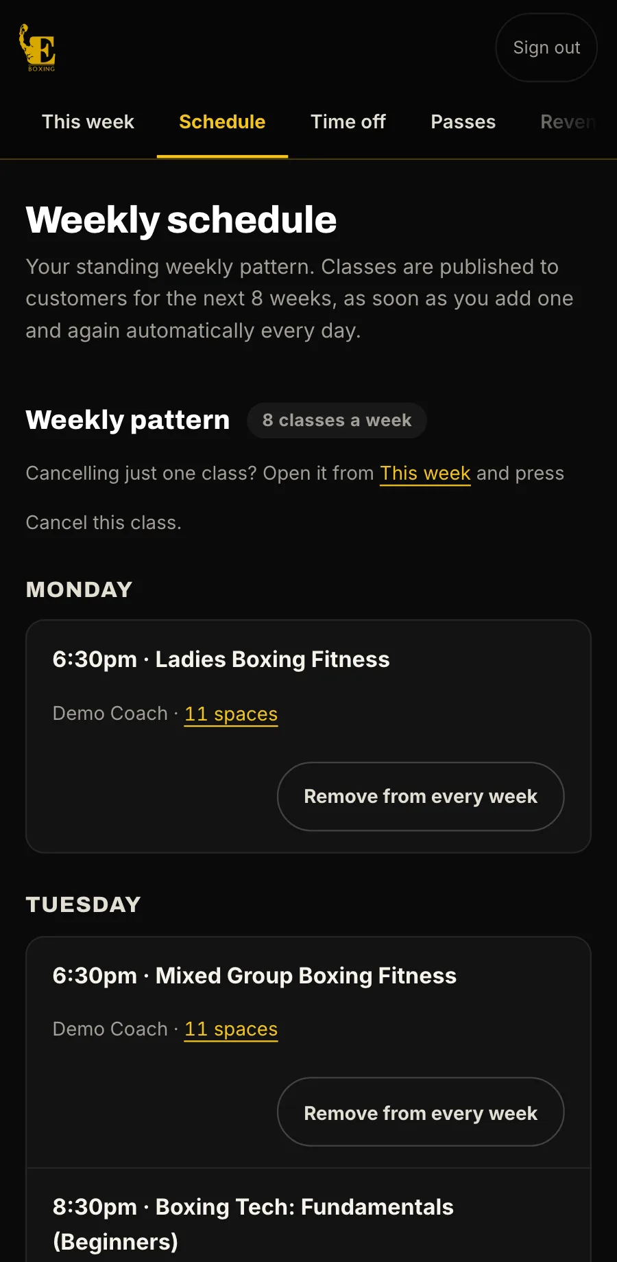 Sample data, the staff console on a phone: the weekly schedule.