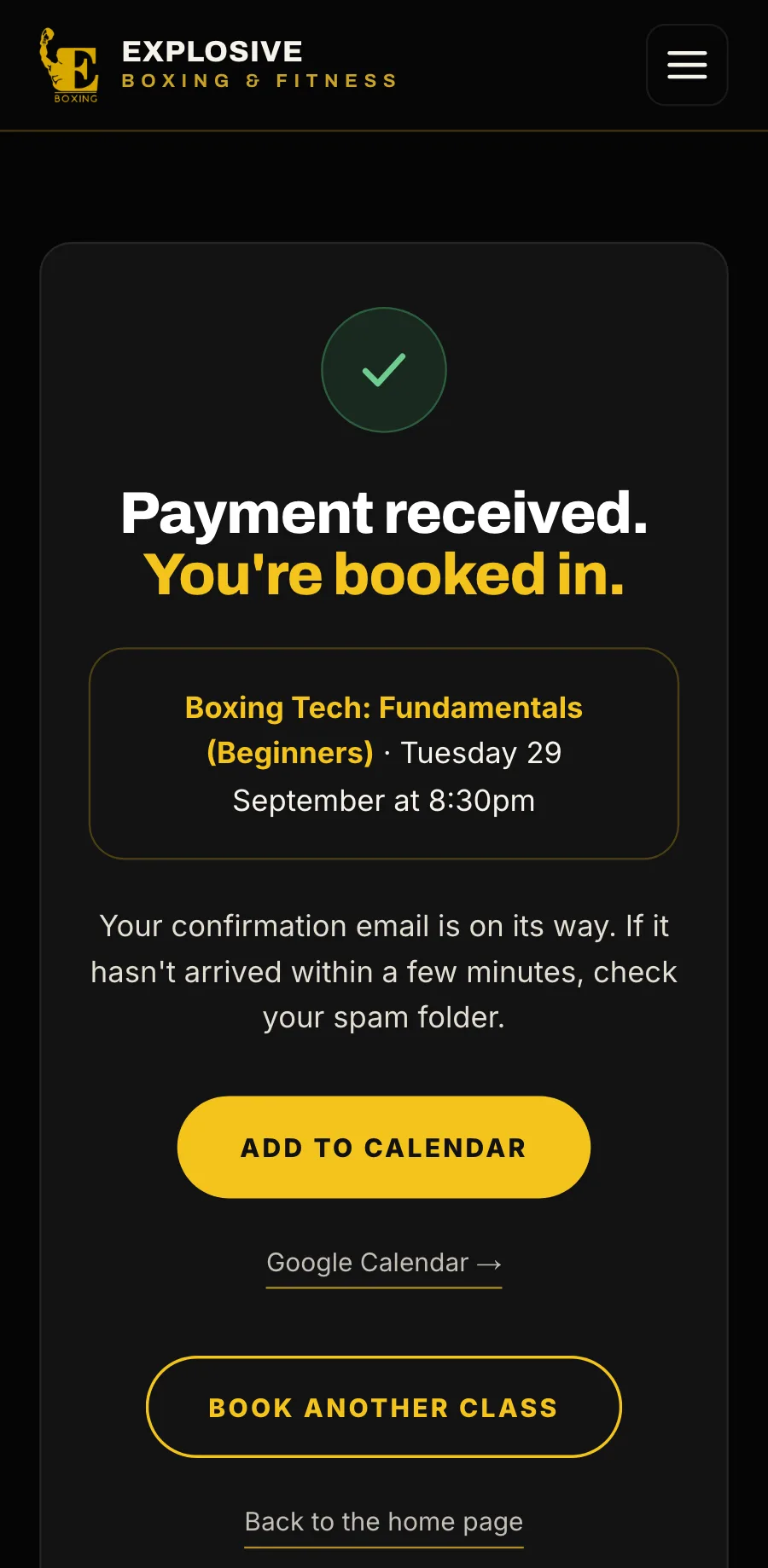 Sample data: Payment received. You’re booked in. Boxing Tech: Fundamentals (Beginners), Tuesday 29 September at 8:30pm, with Add to calendar.