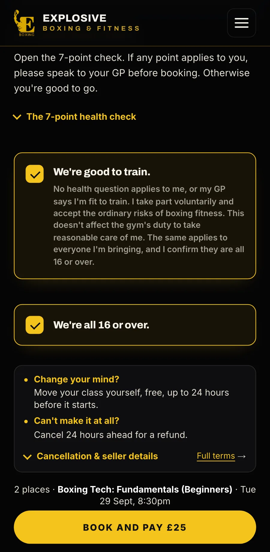 Sample data: the health declaration and the 16-or-over check ticked on a phone, then 2 places, Boxing Tech: Fundamentals (Beginners), and Book and pay £25.
