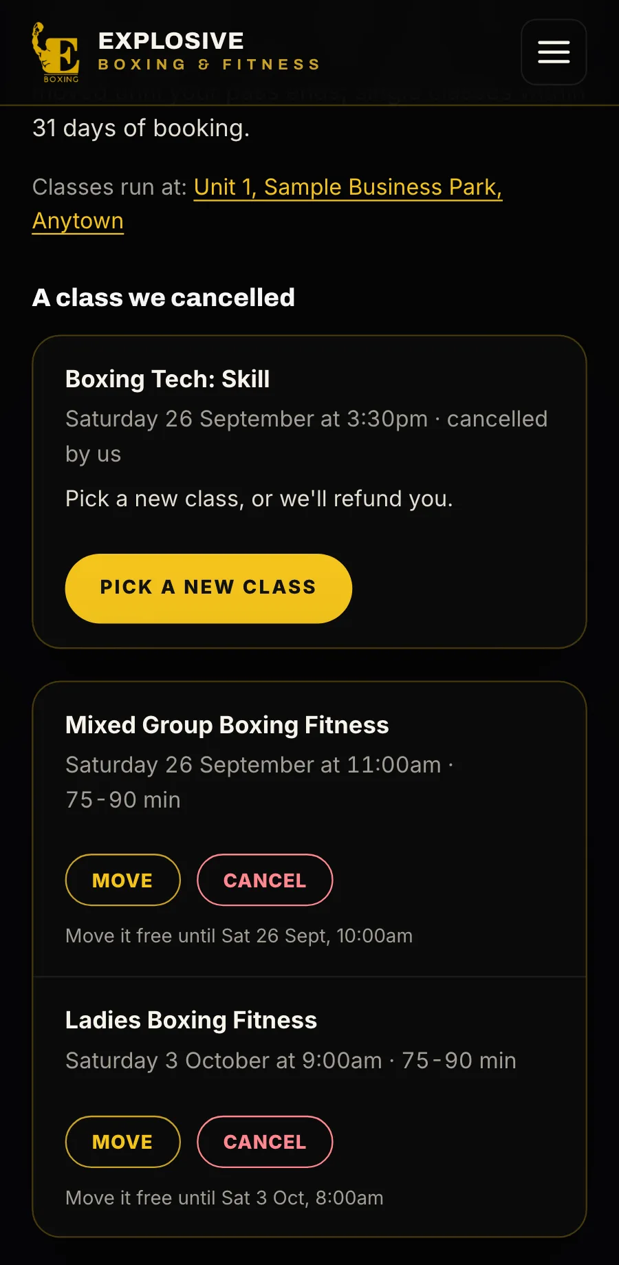 Sample data: My classes on a phone: a class the gym cancelled, with Pick a new class, and upcoming classes, each with Move and Cancel.