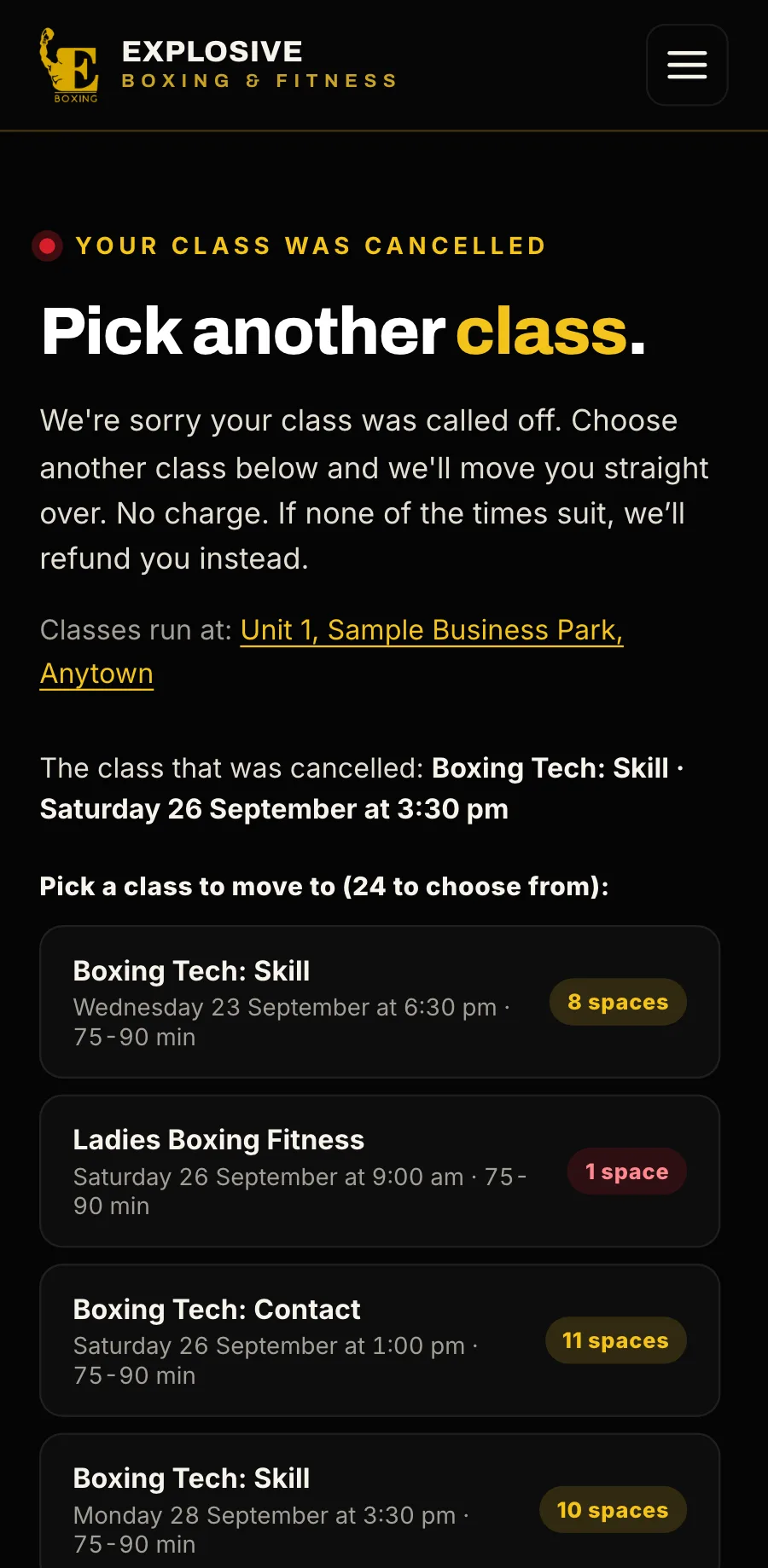 Sample data: Pick another class on a phone, after a class was cancelled, with 24 classes to move to and the spaces left in each.