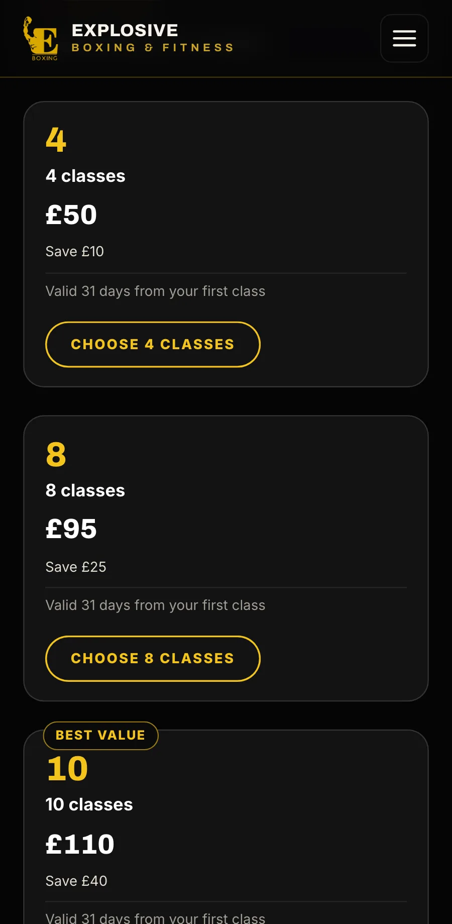 Sample data: the passes page on a phone: 4 classes £50, 8 classes £95, 10 classes £110.