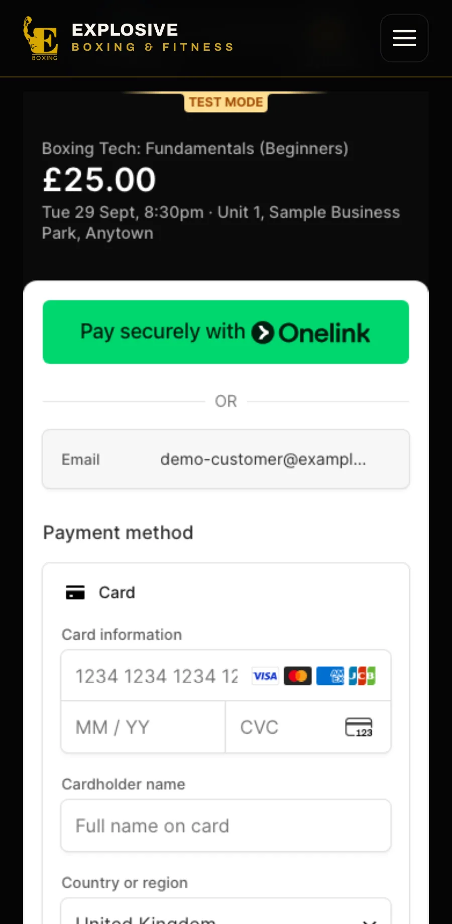 Sample data: the payment screen on a phone, Stripe’s own card form in Stripe’s test mode. Boxing Tech: Fundamentals (Beginners), £25.00, Tuesday 29 September at 8:30pm, with fields for card information, cardholder name and country.