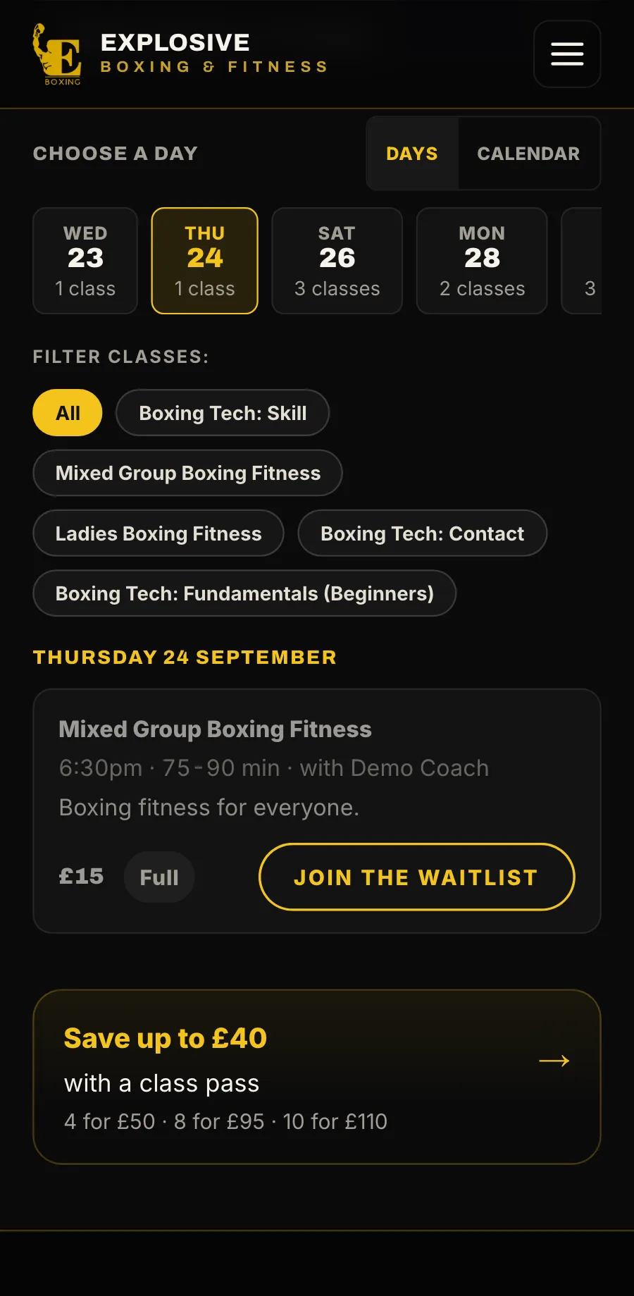 Sample data: the timetable on a phone, a full Mixed Group Boxing Fitness class with Join the waitlist.