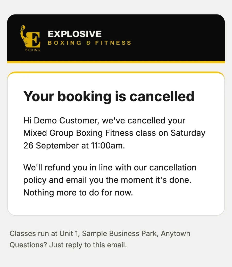 Sample data: the email “Your booking is cancelled”, on a phone.