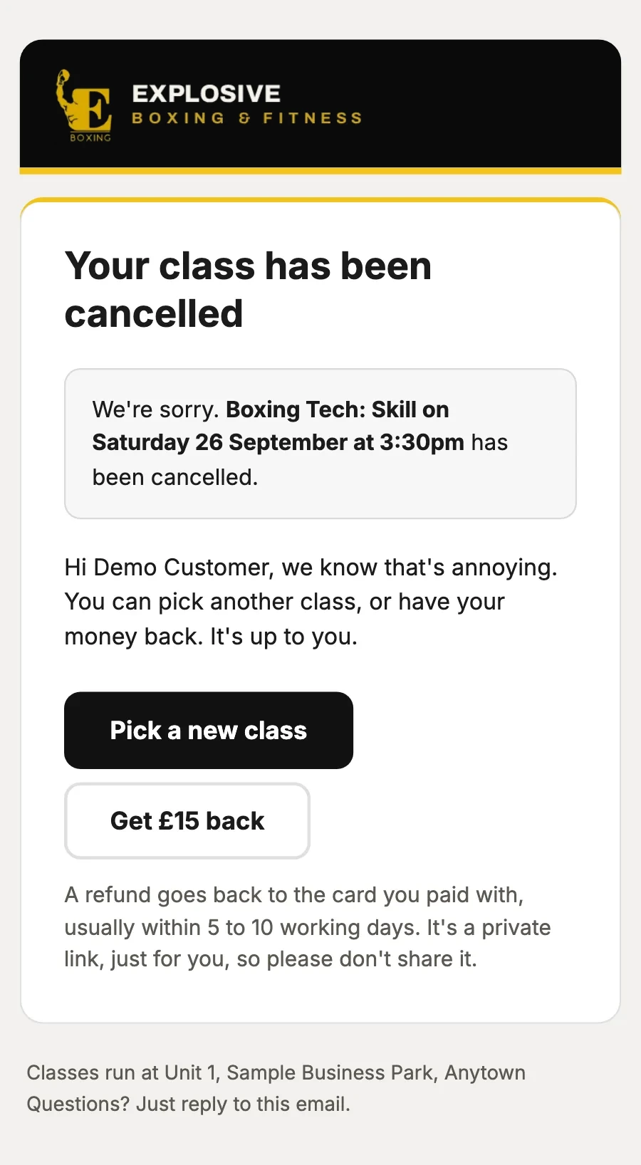 Sample data: the email “Your class has been cancelled”, on a phone.