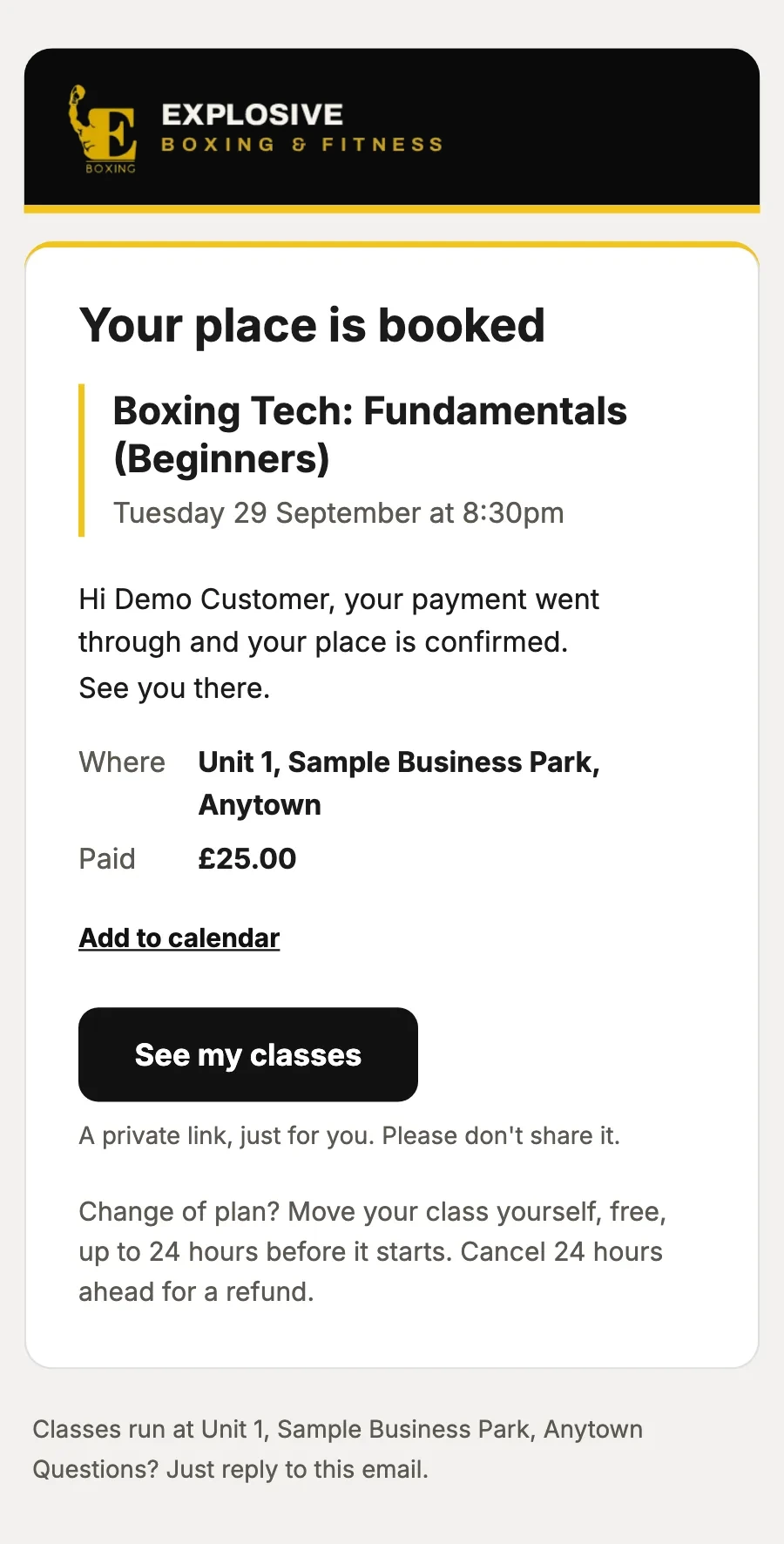 Sample data: the email “Booking confirmed: Boxing Tech: Fundamentals (Beginners)”, on a phone.