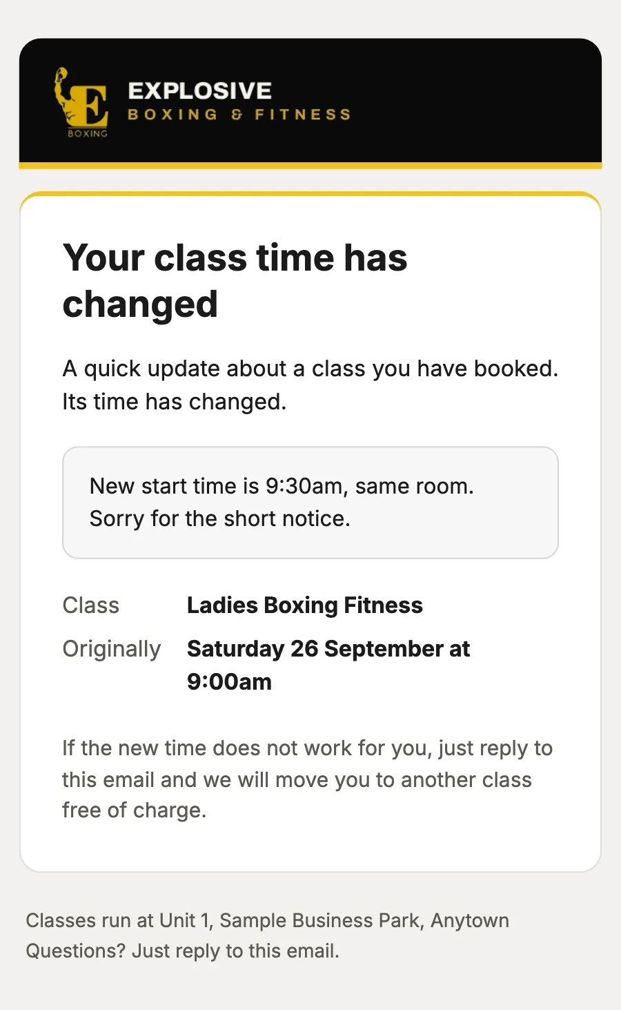 Sample data: the email “Time change: Ladies Boxing Fitness”, on a phone.
