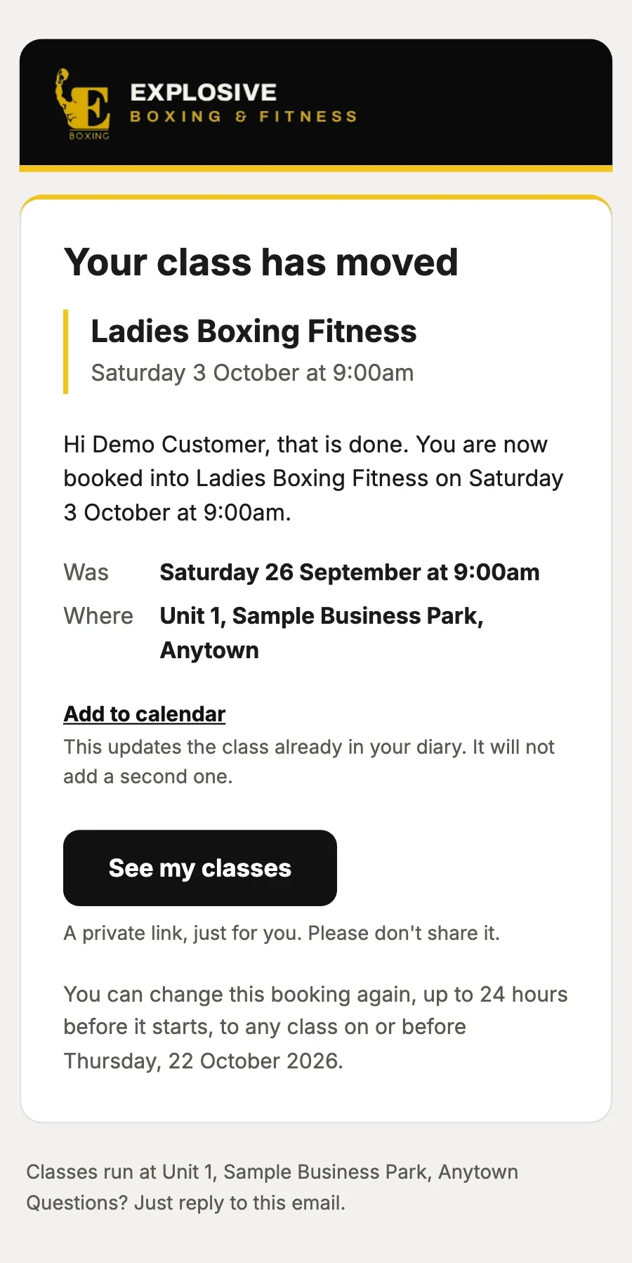 Sample data: the email “Moved: Ladies Boxing Fitness”, on a phone.