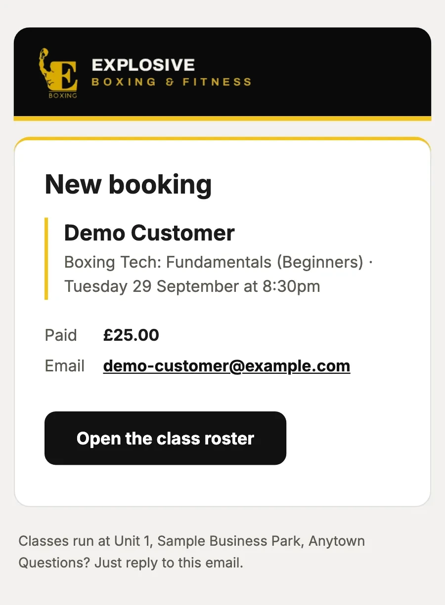 Sample data: the email “New booking: Boxing Tech: Fundamentals (Beginners)”, on a phone.