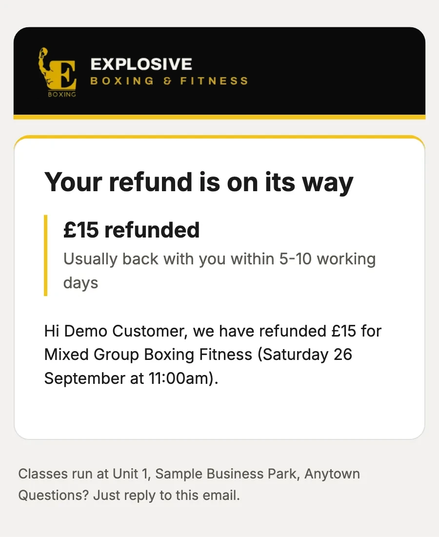 Sample data: the email “Refund: Mixed Group Boxing Fitness”, on a phone.