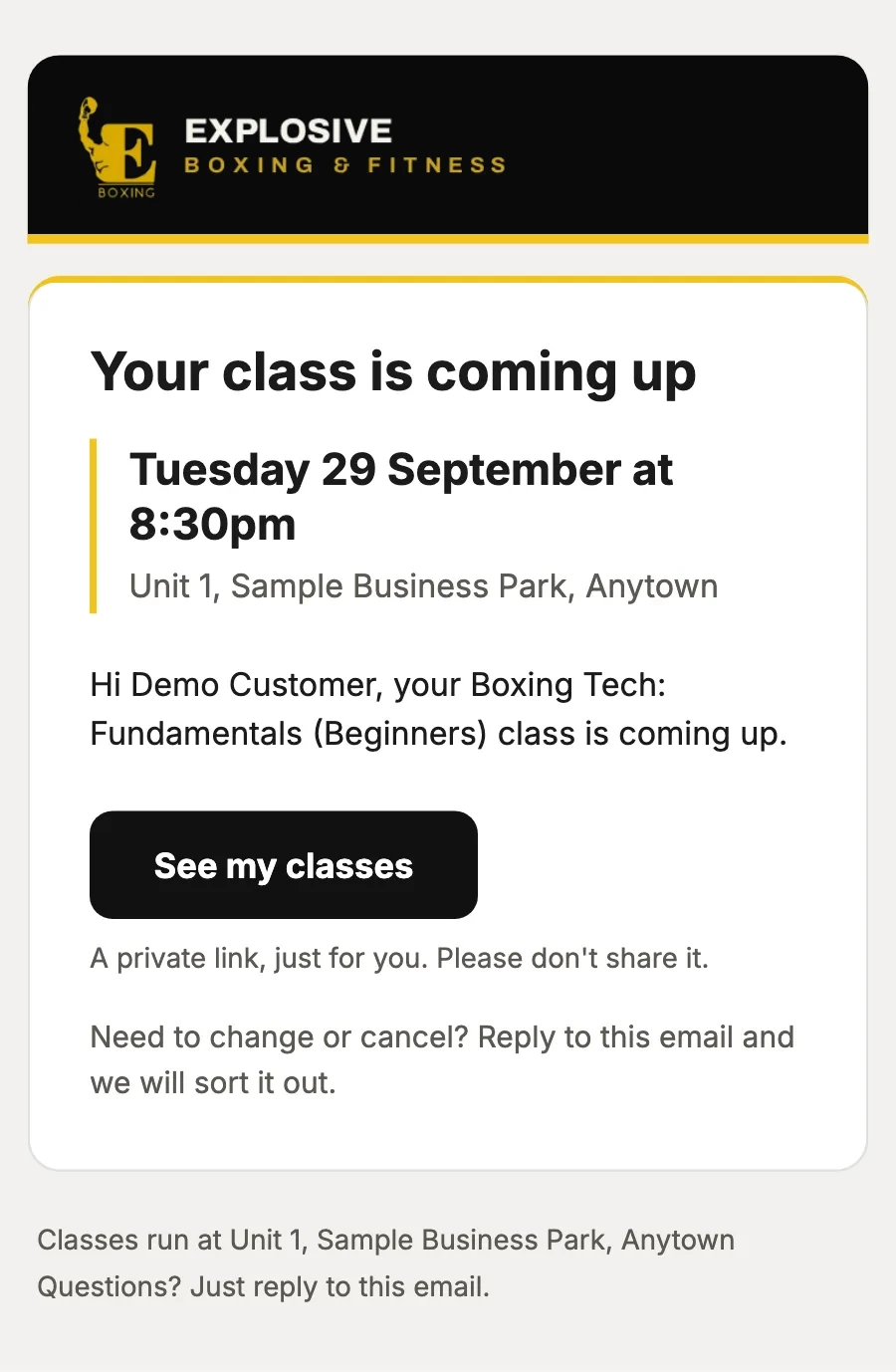 Sample data: the email “Reminder: your Boxing Tech: Fundamentals (Beginners) class is coming up”, on a phone.