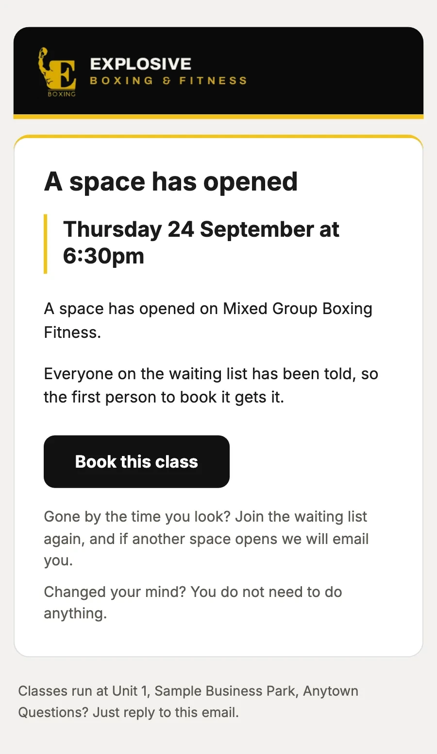 Sample data: the email “A space has opened: Mixed Group Boxing Fitness, Thursday 24 September at 6:30pm”, on a phone.