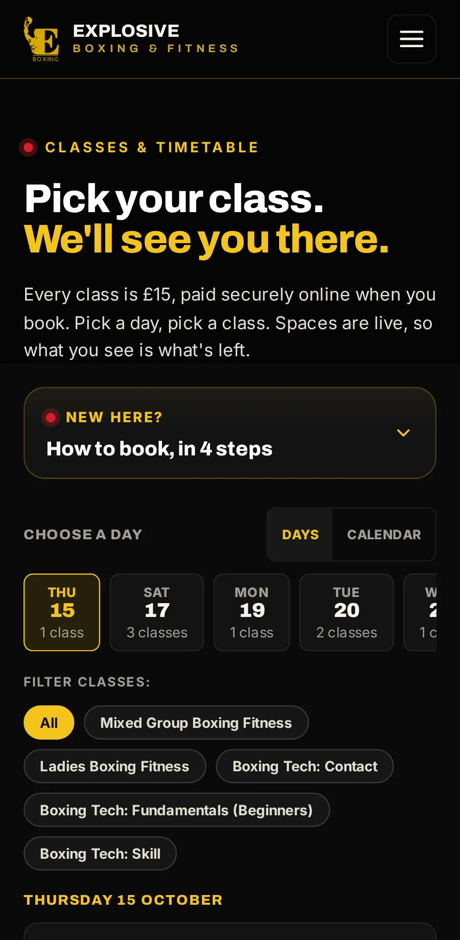 Explosive Boxing & Fitness’s website on a phone, the classes and timetable page.