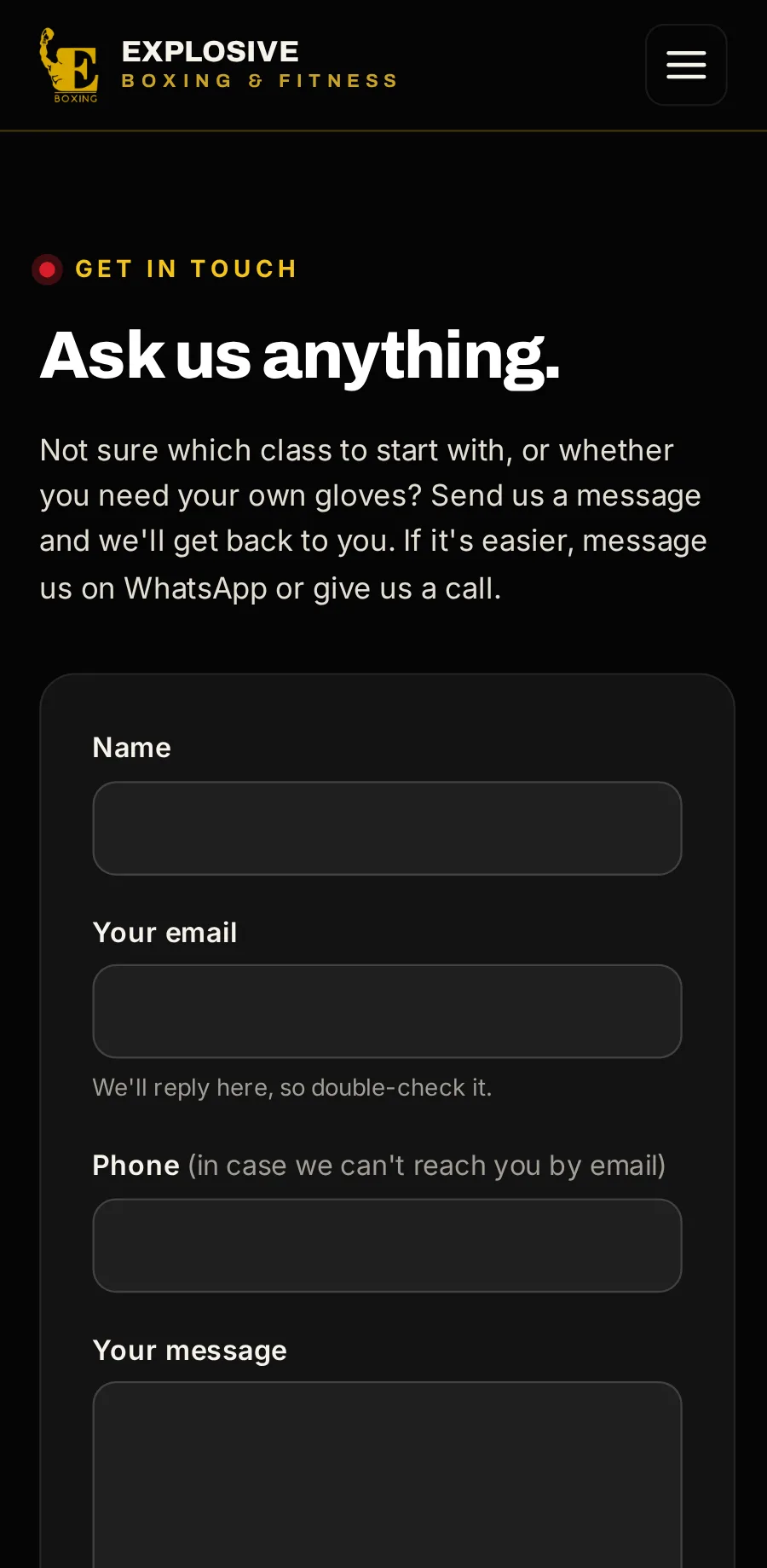 Explosive Boxing & Fitness’s website on a phone, the contact page.