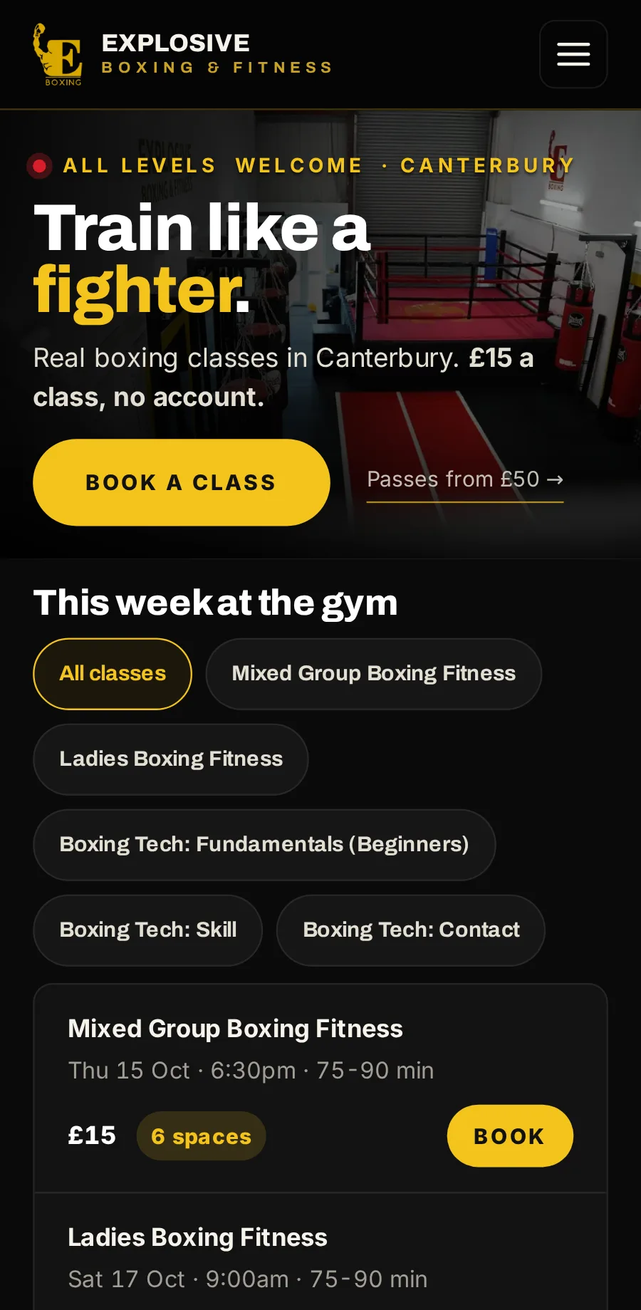 Explosive Boxing & Fitness’s website on a phone, the home page.