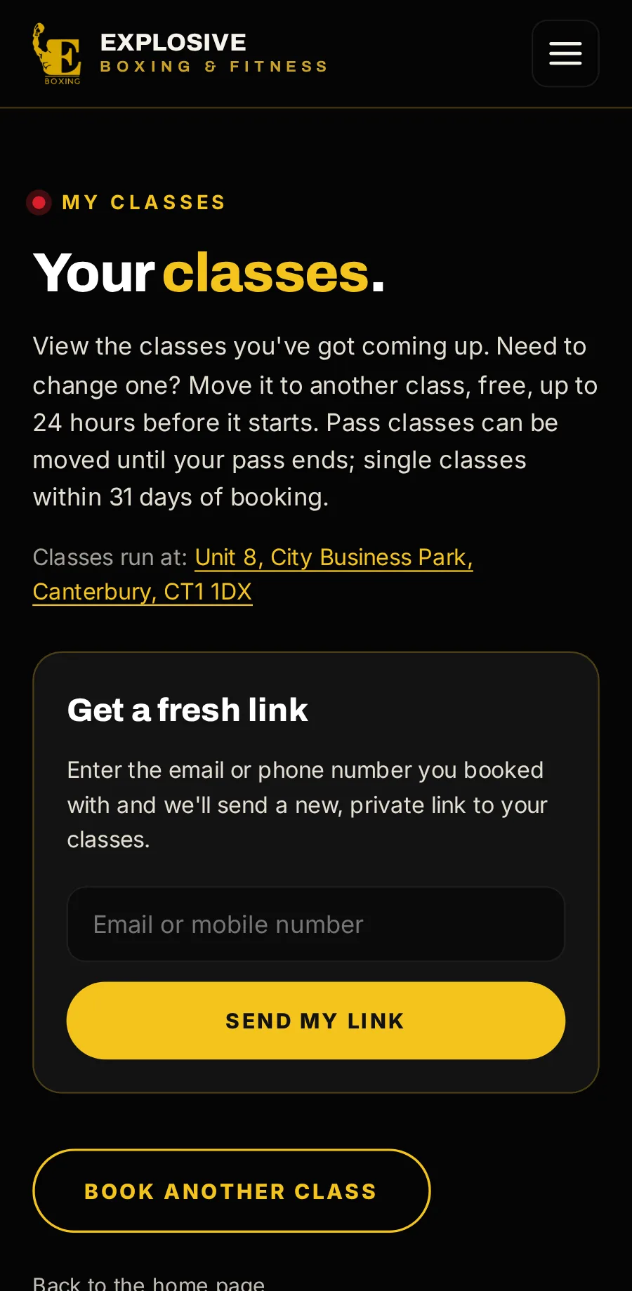 Explosive Boxing & Fitness’s website on a phone, the My classes page: Get a fresh link.