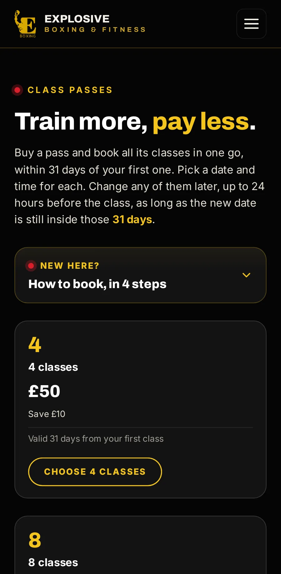 Explosive Boxing & Fitness’s website on a phone, the passes page.